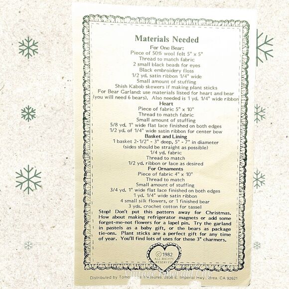 Vtg Tomorrow's Treasure Beary Christmas Sewing Bear Basquet Heart Pattern TT109 - Picture 2 of 6
